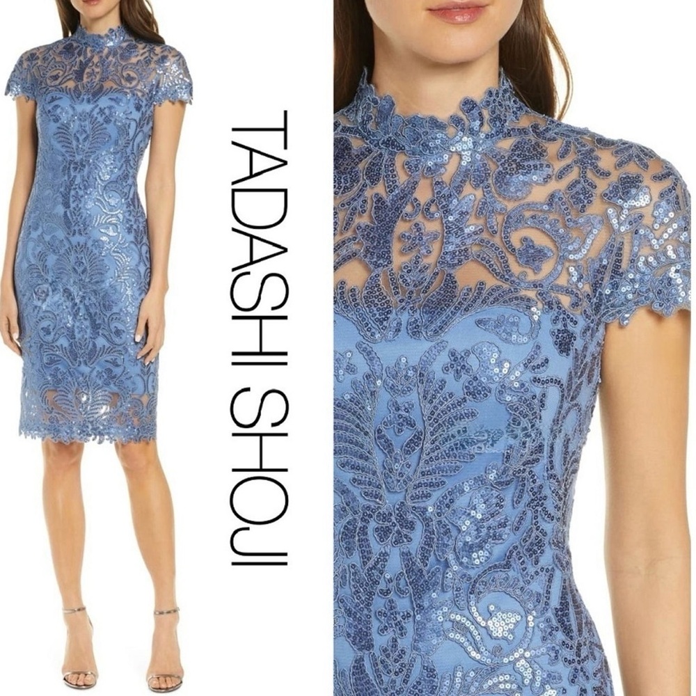 NWT Tadashi Shoji Sequins Lace Cocktail Dress Size 6 Cap Sleeve